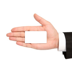 isolated hand of a businessman holding a white business card