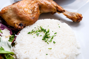 Rice and chicken on white plate
