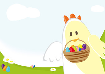 Easter chick carrying basket with easter eggs