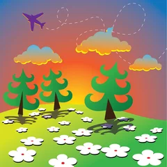 Fototapete Flugzeuge, Ballon Cartoon Frühlingslandschaft