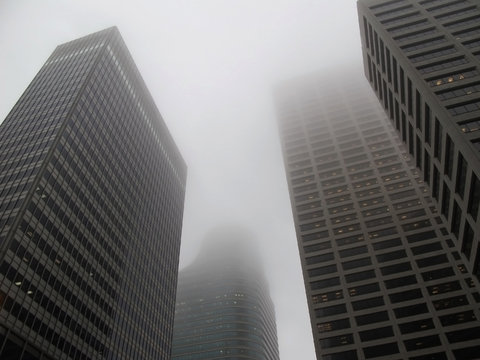 Modern office buildings in the fog, Minneapolis, USA