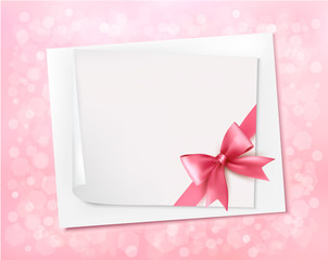 Holiday background with gift pink bow and ribbon. Vector