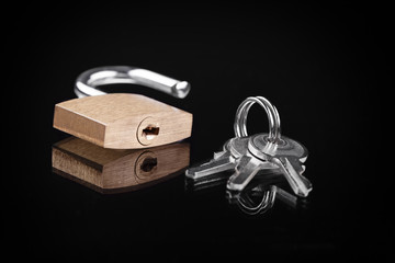 open padlock and keys on a dark background