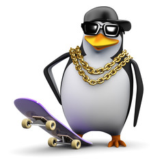 Penguin rapper hangs back with his skateboard