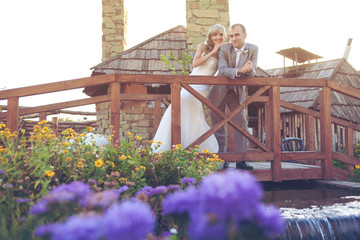 Fototapeta na wymiar bride and groom in garden posing on a wooden bridge