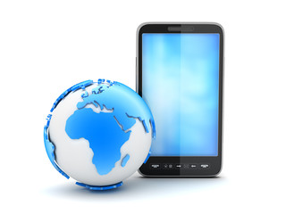 Cell phone and earth globe on white background