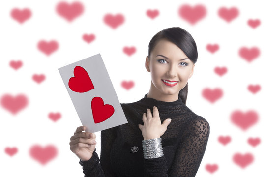 pretty brunette with valentine postcard smiles