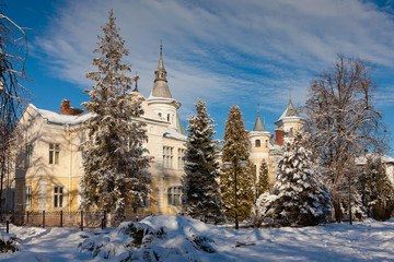 Fototapeta na wymiar Old fairytale palace in winter during sunny day