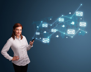 Young lady holding a phone with arrows and message icons