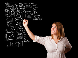 Woman drawing business scheme and icons on whiteboard