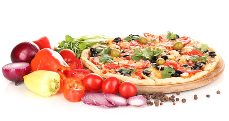 Delicious pizza with ingredients around isolated on white