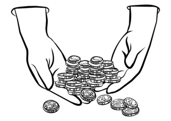 monety trzymane w dłoniach czarno biała ilustracja finansowa