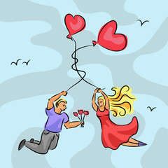 Lovers fly by balloons in the sky (vector)