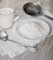 Fototapeta na wymiar Flour, eggs, milk