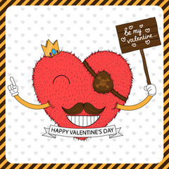 Cute fluffy heart with mustache. Vector illustration.