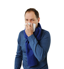 Man blowing his nose isolated on white background