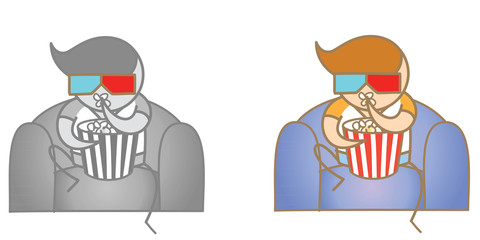 cartoon character of man watching 3D movie with glasses