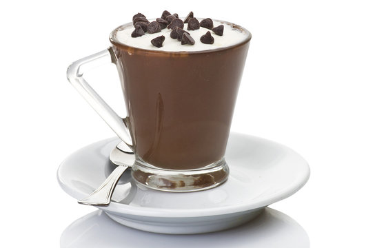 Hot Coffee With Milk Cream And Chocolate Pieces