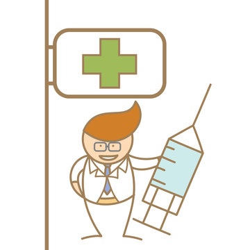 cartoon character of doctor holding syringe in front of hospital