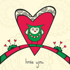 Card with owl in love and heart
