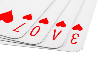 Photo manipulation with playing cards. Love sign. Isolated 