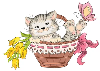 Photo sur Plexiglas Chats Main de vecteur dessin minou et bouquet de fleurs dans le panier