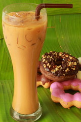 Donuts with ice coffee.
