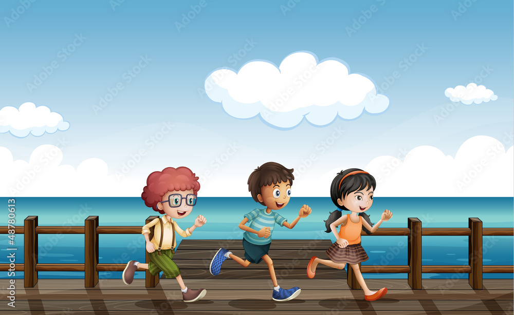 Poster Kids running on a wooden bench