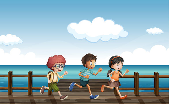 Kids running on a wooden bench