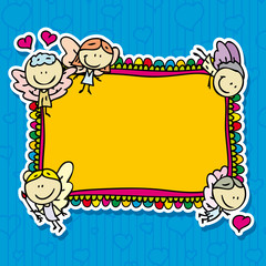 Cute doodle card frame with angels with love valentine hearts