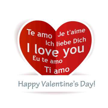 Valentines heart label with I love you in different languages