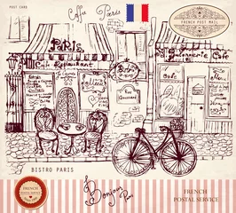 Fototapete Gezeichnetes Straßencafé Vektor handgezeichnete Karte mit Paris Symbolen