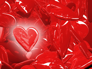 Red glossy heart surrounded by red hearts.