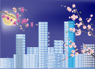 Fototapeta premium pink flowers in blue spring city