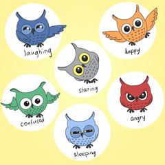 Cartoon owls in different moods
