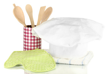 Chef's hat with kitchen towels, potholders and kitchenware