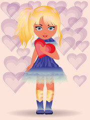 Love card, young girl and heart. vector illustration