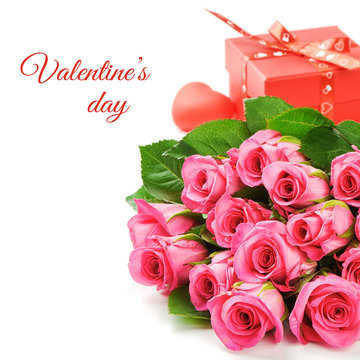 Bouquet of pink roses with Valentine's present