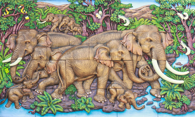 elephant Thai stucco on the temple wall