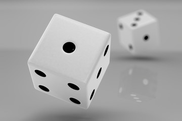 Two white plastic rolling dices