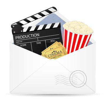 Open envelope with movie clapper board, popcorn and admit one ti
