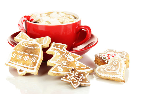 Cup Of Coffee With Christmas Sweetness Isolated On White