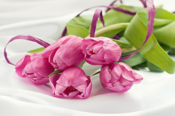 Pink tulips on white silk with ribbon