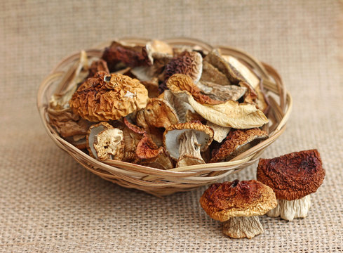 Dried mushrooms in wicker basket