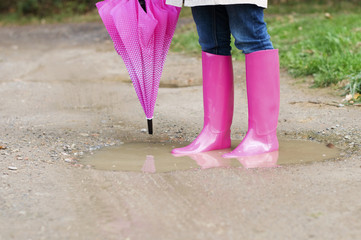 Young woman standing in puddle