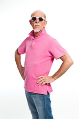Funny expressive senior man with sunglasses. Isolated.