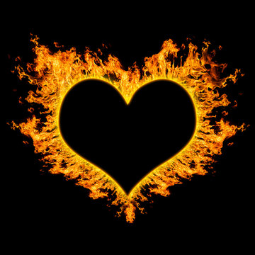 fiery heart on black background.