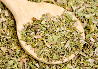 Dried  estragon spice  and wooden spoon  as  food  background