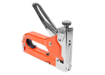 Red construction stapler isolated on white.