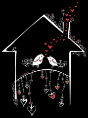 Papier Peint photo Lavable Oiseaux en cages Deux oiseaux dans la maison. La Saint-Valentin.